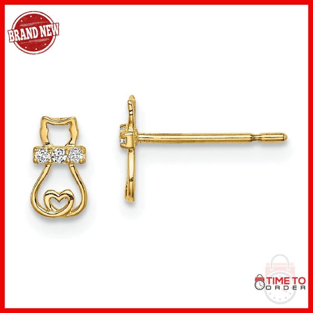 14k Gold CZ Cat Heart Tail Stud Earrings, 0.42g Weight